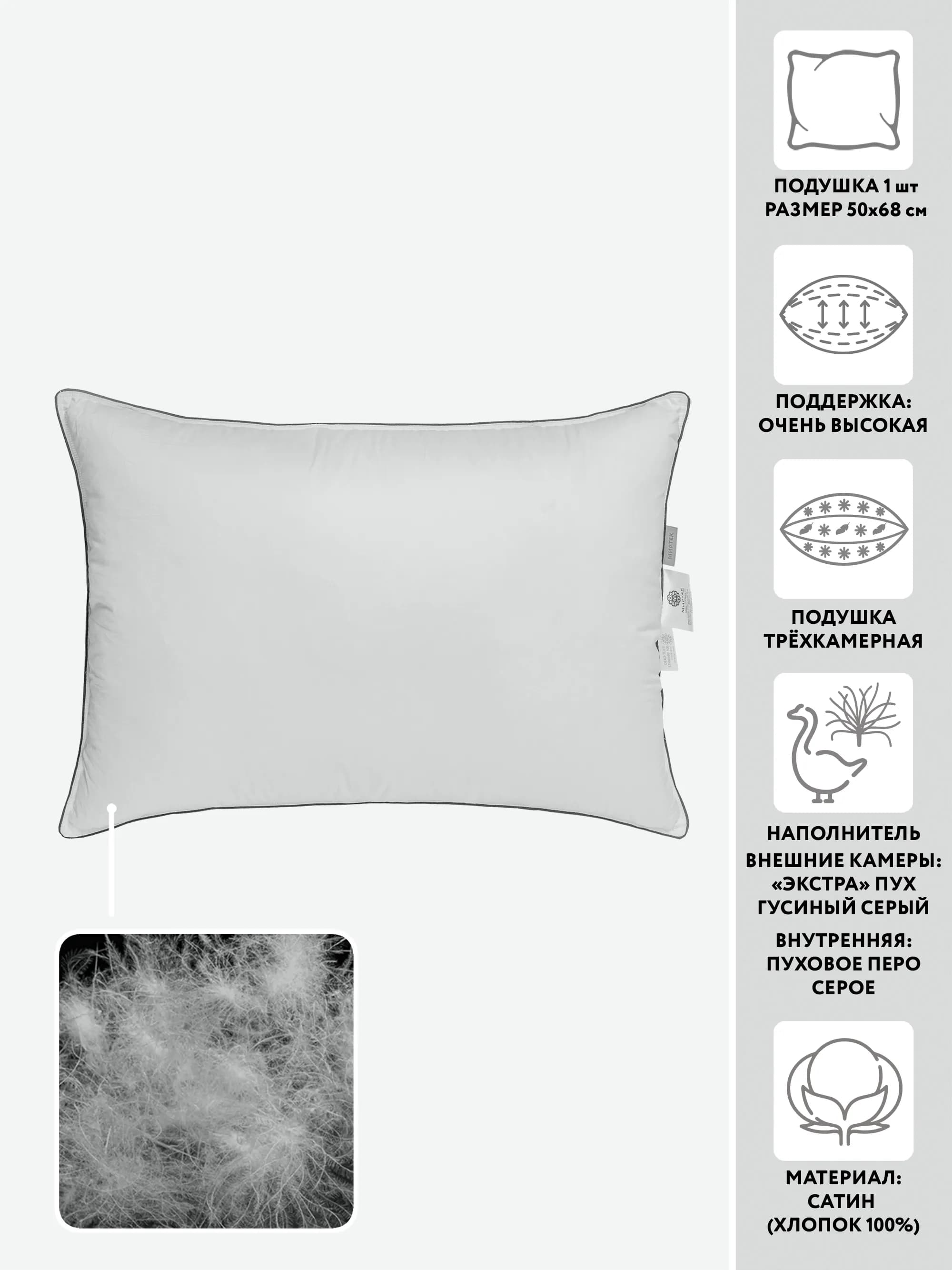 Подушка МИРТЕК SIBERIAN GREY CAPSULA PLUS 50х68 100%пух-экстра серый