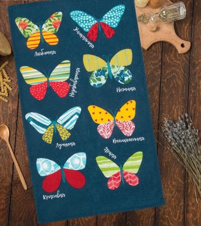 Полотенце кухонное ДОЛЯНА РАДУЖНЫЕ БАБОЧКИ рогожка 35x60 100%хлопок синий_Каталог-v2_MIRTECK